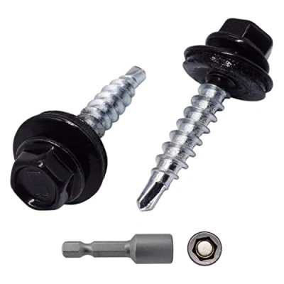 Image of Marcopol (Pack of 50 pcs) Metal Roofing Screws, 4.8 x 35 mm Painted Self Drilling Screws With EPDM Washers, Sheet Hex Screw (50, Jet Black RAL 9005)