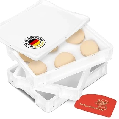 Image of RoyalFay® Pizza Ball Box 30 x 40 8 cm with Lid Plastic Container White for Dough Spatula Fermentation the Fridge Stackable (3 Boxes 1 Lid)