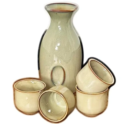Image of 5pc Reactive Glaze Sake Set Green Japanese Bottle with 4 Cups Glazed Serveware