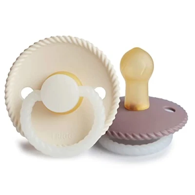 Image of FRIGG Rope Night Latex Pacifier Pack of 2 Natural Rubber Soother Dummy Glow BPA Free Made in Denmark Symmetrical Cherry Shaped Nipple (Cream Night/Twilight Mauve Night, Size 1 (0 6 Months))