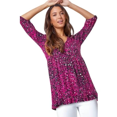 Image of Roman Womens Animal Print Smock V Neck Stretch Top Wine Size 12 UK