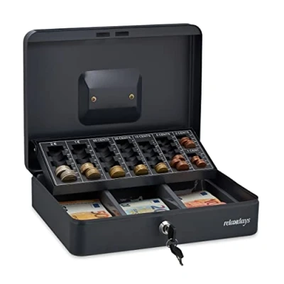 Image of Relaxdays Cash Box, Lockable, Coin Counter Tray, Steel, 2 Keys, Change &amp; Notes, 9 x 30.5 23.5 cm, Grey