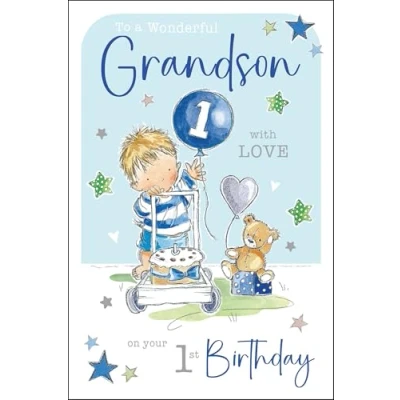 Image of Jonny Javelin Wonderful Grandson 1st Birthday Card Happy Age 1 with Boy and Teddy Bear Design Foil Flitter Details for Children