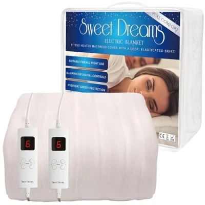 Image of Sweet Dreams Electric Blanket Double Bed Size with Dual Controls 137 x 193 40cm Fully Fitted Heated Mattress Cover Underblanket Elasticated Skirt Overheat Protection