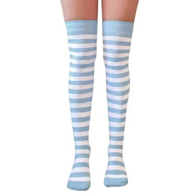 Image of NuJake Striped Over The Knee Socks Fancy Dress Cosplay Teens Girls UK Size 4 5.5 (Cotton Blend, Baby Blue &amp; White)