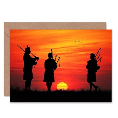 Image of Wee Blue Coo Bagpipes Scottish Silhouette Sunset Birthday Art Sealed Greeting Card Plus Envelope Blank inside