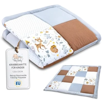 Image of Baby crawling mat velvet play 120x120 cm patchwork playpen insert Cotton with and waffle pique Deer