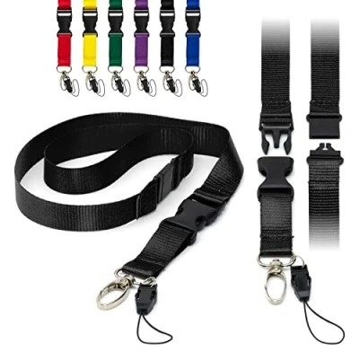 Image of Black Detachable 2cm Flat Lanyards With Buckle, Safety Breakaway Pull, Metal Clip, and Loop String ID Badge Holders Lanyard Neck Strap By LanyardsTomorrow Pack of 10