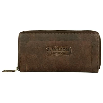 Image of J. Wilson London Ladies RFID Safe Designer Leather Purse Card Women Wallet Zip Pocket Boxed Distressed Dark Brown