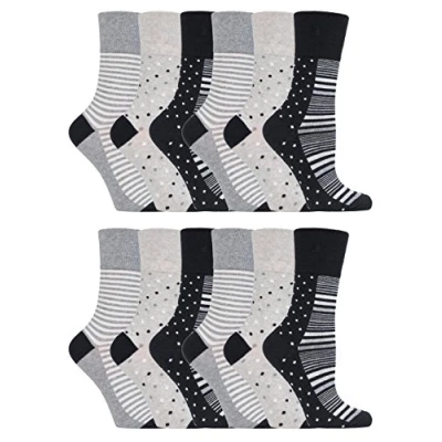 Image of Gentle Grip 12 pack ladies patterned wide top socks in 20 styles (GG135)