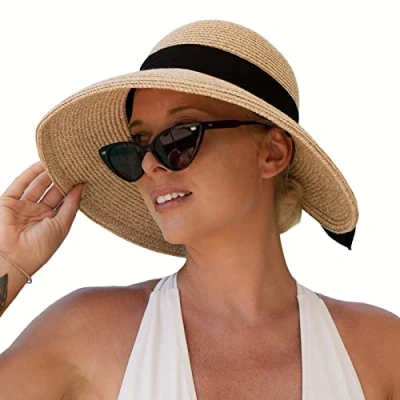 Image of Comhats Straw Beach Sun Hats for Women Packable UPF 50 Floppy UV Protection Summer Panama Fedora Sunhat Wide Brim Travel Medium 57cm Beige