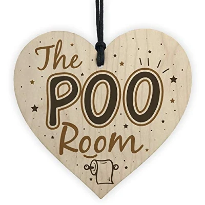 Image of RED OCEAN Bathroom Toilet Sign The Poo Room Funny Chic Wooden Heart Hanging Door Loo Plaque Home Decor