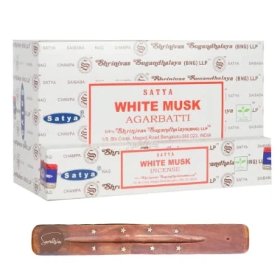 Image of Satya Nag Champa White Musk incense sticks x12 pack with SAMASIA holder Used for Whomatherapy, Spa, Yoga, Weddings, Meditation, Healing, Positivity and Relaxation