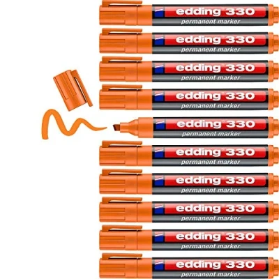 Image of edding 330 permanent marker orange 10 pens chisel tip 1 5 mm waterproof, quick drying, smear proof for cardboard, plastic, glass, wood, metal and fabric