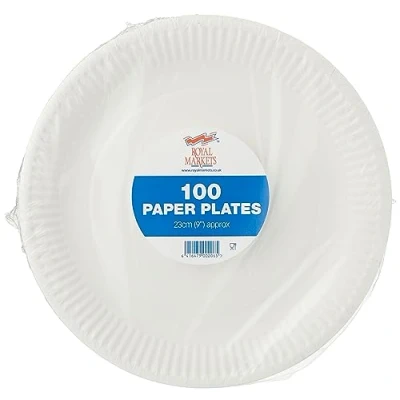 Image of Dina Disposable Paper Plates 23cm Pack of 100 9 inch Plates, Party White