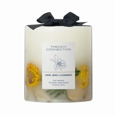 Image of French Connection Botanical Infused Scented Pillar Candle Real Dried Botanicals Vegetable Wax Blend 5% Fragrance Oil Long Lasting Home Gift (Medium, Lemon, Neroli &amp; Cedarwood)