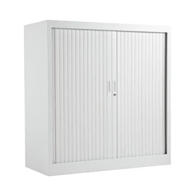 Image of Office Hippo Steel Tambour Cupboard, Fully Lockable Cabinet, Side Opening Metal Storage With 2 Height Adjustable Shelves, Cabinet 50kg Load Capacity Per Shelf White