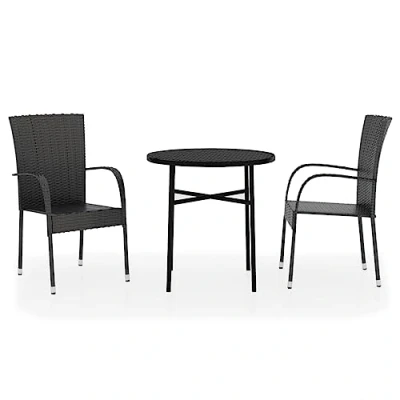 Image of vidaXL Poly Rattan Black 3 Piece Garden Dining Set Outdoor Patio Furniture with Stackable Chairs and Convenient Round Table