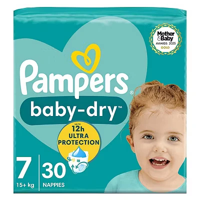 Image of Pampers Baby Dry Size 7, 30 Nappies, 15kg+, Essential Pack