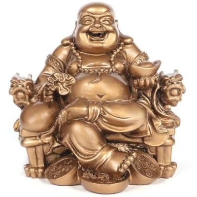 Image of Laughing Buddha Statue Retro Lucky Carrying Golden Ingot Ornaments Resin Chinese Feng Shui Home Decoration