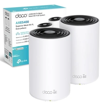 Image of TP Link Deco XE75 AXE5400 Whole Home Mesh Wi Fi 6E System, Tri Band Fi, Gigabit Ports, AI Driven Mesh, cover up to 5,500 ft2, Connect 200 devices,1.7 GHz Quad Core CPU, HomeShield, Pack of 2