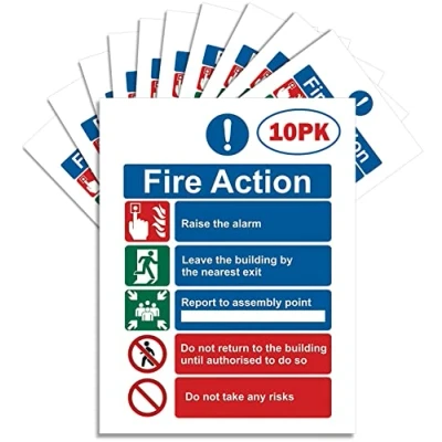 Image of RubiGo Fire Action Notice Sign. 10PK 20x15cm, Exit Sign High Gloss Self Adhesive Sticker Safety Signs Signage Stickers Escape (10)