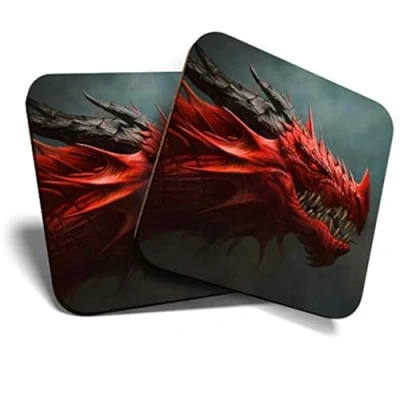 Image of 2 x Square Coasters Red Dragon Fantasy Scary Creature Gaming Cork Backed Home Kitchen Accessory Tea Coffee Mug Mat #46239