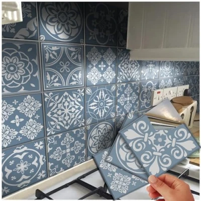 Image of 48 Tile Stickers Victorian Mosaic Transfers for Kitchen Bathroom Stick On Wall Peel and Decals Duck Egg Blue