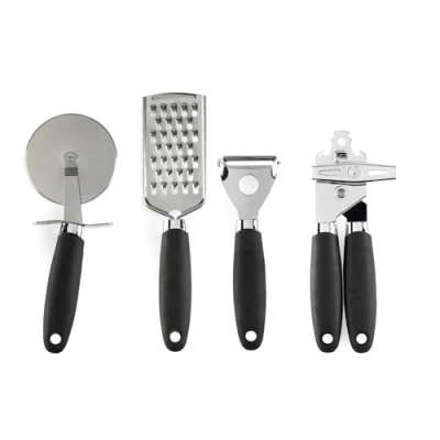 Image of Russell Hobbs RH03233EU7 4 Piece Kitchen Gadget Set Venus Collection, Peeler, Can Opener, Pizza Cutter, Grater, Hanging Hooks, Soft Touch Handles, Easy Clean, Utensil Tools, Black