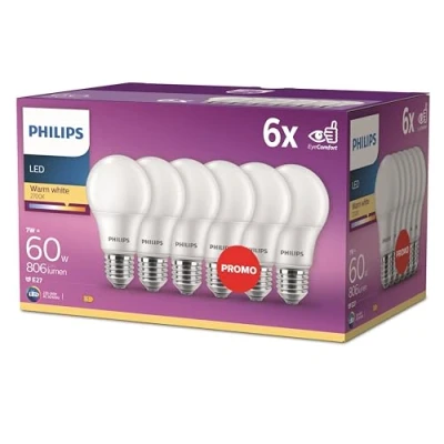 Image of Philips LED Classic E27 Lamps 6 Pack (60 W), matt with Warm White Light, Energy Saving Long Service Life, New Generation