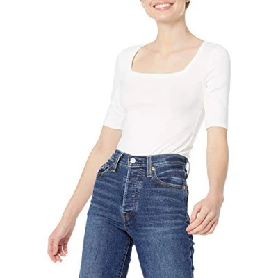Image of Amazon Essentials Women&#039;s Slim Fit Half Sleeve Square Neck T Shirt, Bright White, M