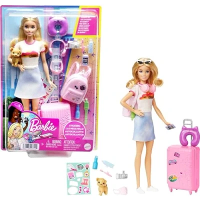 Image of Barbie Doll and Accessories, “Malibu Travel Set with Puppy 10+ Pieces Including Working Suitcase, HJY18