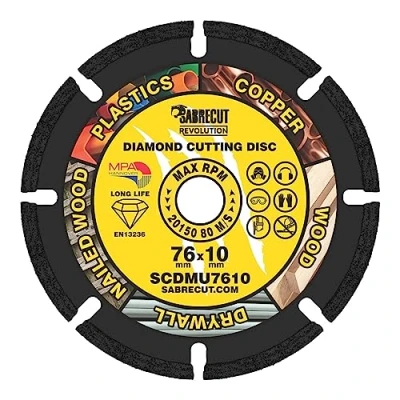 Image of 1 x SabreCut SCDMU7610 76mm (3&quot;) 10mm Bore Vacuum Brazed Multi Material Cutting Angle Grinder Circular Saw Diamond Disc Blade Compatible with Bosch Dewalt Makita Milwaukee and Many Others