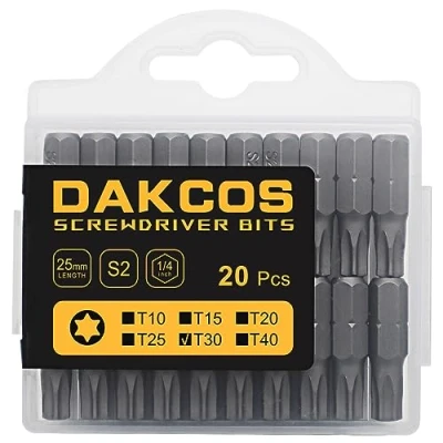 Image of DAKCOS T30 Torx Bit, 20PCS Impact Driver Bits, 1/4&quot; Screwdriver Bit Sets, Premium S2 Alloy Steel 25mm Long