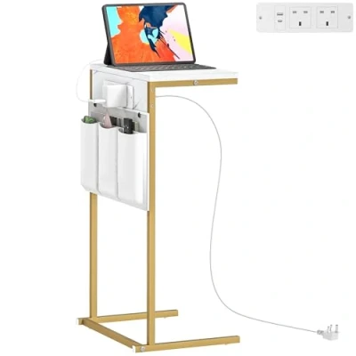 Image of HOMCOM C Shaped Bedside Table with Charging Station, Marble Grain Side Power Outlets &amp; USB Ports, Storage Bags, for Bedroom, Living Room, White