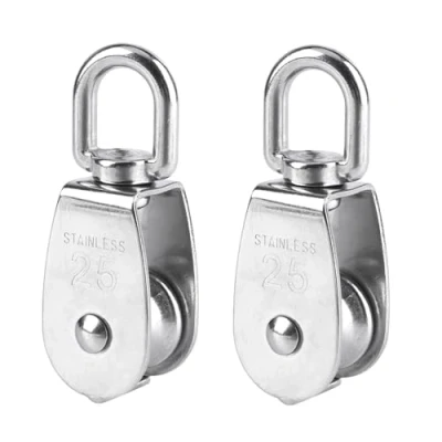 Image of BuxiuGK 2 Piece 25 mm Single Pulley Block Heavy Duty Roller in 304 Stainless Steel Suitable for Rope or Cord Indoor and Outdoor Loading 150kg Silver
