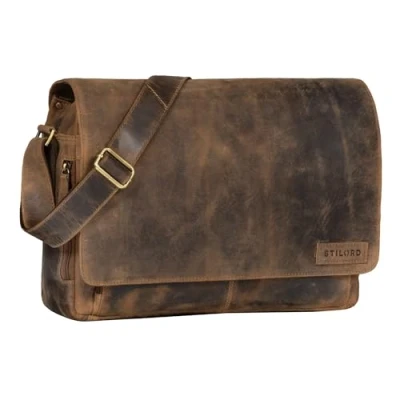 Image of STILORD &#039;Rick&#039; Vintage Shoulder Bag Leather Satchel Laptop 15.6 inches Messenger Genuine Buff Leather, Colour:Calais Brown