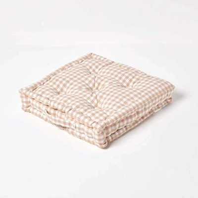 Image of HOMESCAPES Beige &amp; White GINGHAM Check Floor Cushion 100% Cotton 40 x 8 cm Square Indoor Garden Dining chair booster Seat Pad