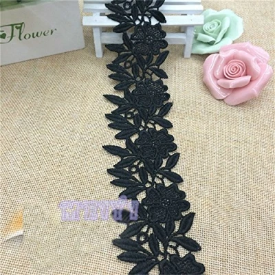 Image of Qiuda 2 Yard Flower Lace Edge Trim Ribbon 6 cm Width Vintage Style Black Edging Trimmings Fabric Embroidered Applique Sewing Craft Wedding Bridal Dress Embellishment DIY Decor Clothes Embroidery