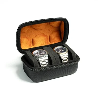 Image of 2 slot watch Roll Travel Case for men, Hard Zipper Organizer box Large with anti move pillow (Black 2slot microfiber lining)