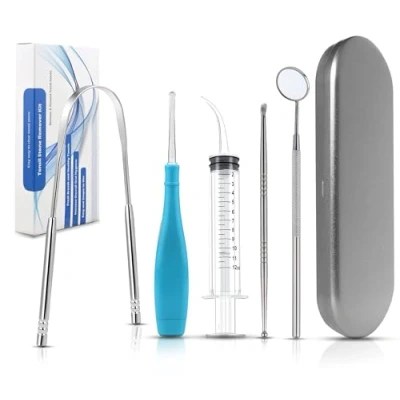 Image of Tonsil Stone Remover Tool and Personal Oral Care Kit 5 in 1 Tongue Scraper,Curved Syringe, Mouth Mirror, Stainless Steel Pick, Led Scoop
