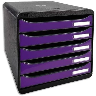 Image of Exacompta Ref 3097220D BIG BOX PLUS Desktop Drawer Set 5 x 43mm Drawers, Suitable for A4+ Documents, 347 278 271mm, 100% Recycled Plastic Black/Glossy Purple