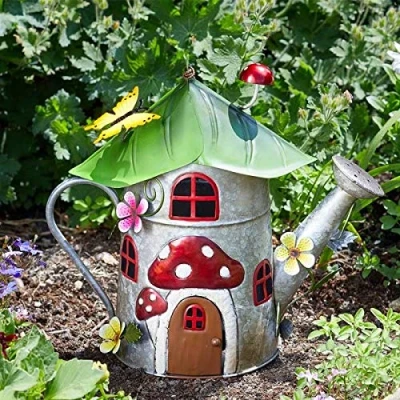 Image of Garden Mile® Novelty Ornaments Waterproof Fairy House Outdoor Decoration Fun Metal Hand Painted Decor Weatherproof (Watering World)