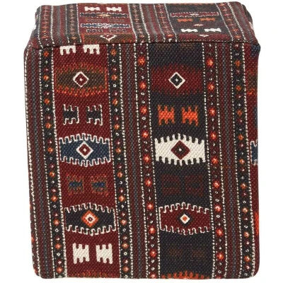Image of HOMESCAPES Multicolour Cotton Kilim Print Patterned Cube Pouffe 36 x 38 cm