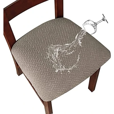 Image of LANSHENG Chair Seat Covers for Dining Room Jacquard Washable Stretch Waterproof Slipcovers Protector Set of 6 Kitchen with Buckle (Taupe, 6)