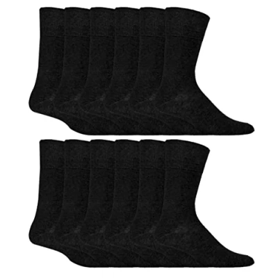 Image of IOMI 12 Pair Multipack Gentle Grip Top Diabetic Socks Mid Calf Loose Non Elastic Cotton with Handlinked Seamless Toe (UK, Numeric, 12, 14, Regular, Black)