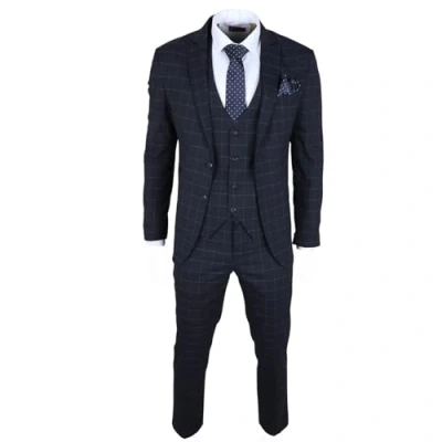 Image of Men&#039;s Suit Navy Blue Checked Tailored Fit 3 Piece Formal Dress 48