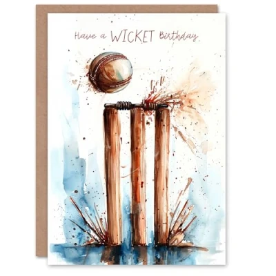 Image of Artery8 Birthday Card Watercolour Cricket Wicket Pun Joke For Him Man Male Dad Brother Son Papa Grandad Greeting