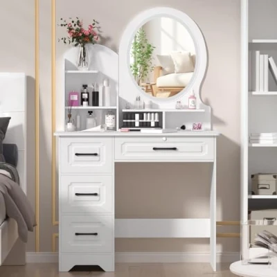 Image of cadciehe Vanity Desk with Mirror and Lights, Bedroom Dressing Table, Makeup Table Drawers &amp; Shelves, Hidden Storage Space