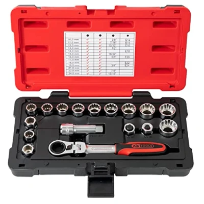 Image of KS Tools 922.4040 Through Socket Set 3/8 Inch + 1/2 10 to 24 mm TRIPLEPLUS Range Male Drive 19 Satin Chrome Finish 17 Pieces